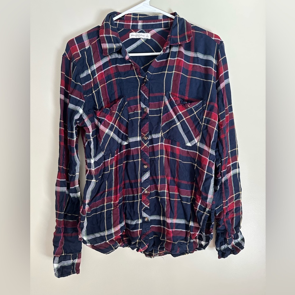 Abercrombie & Fitch Navy Blue and Red Plaid Button-Down Shirt